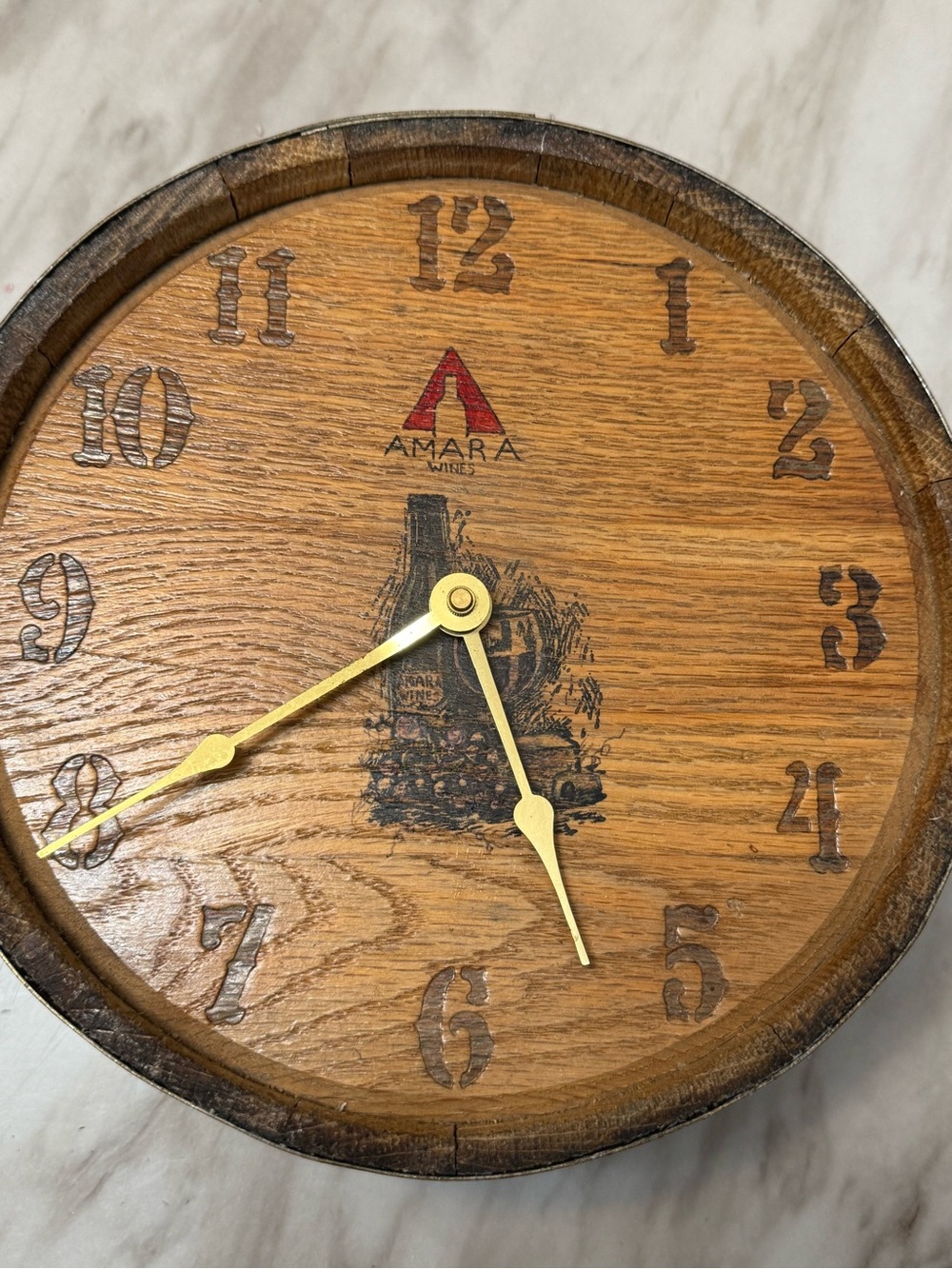 Hand made AMARA Wines Barrel Style Round wall Clock 10in Wood/Metal Analog